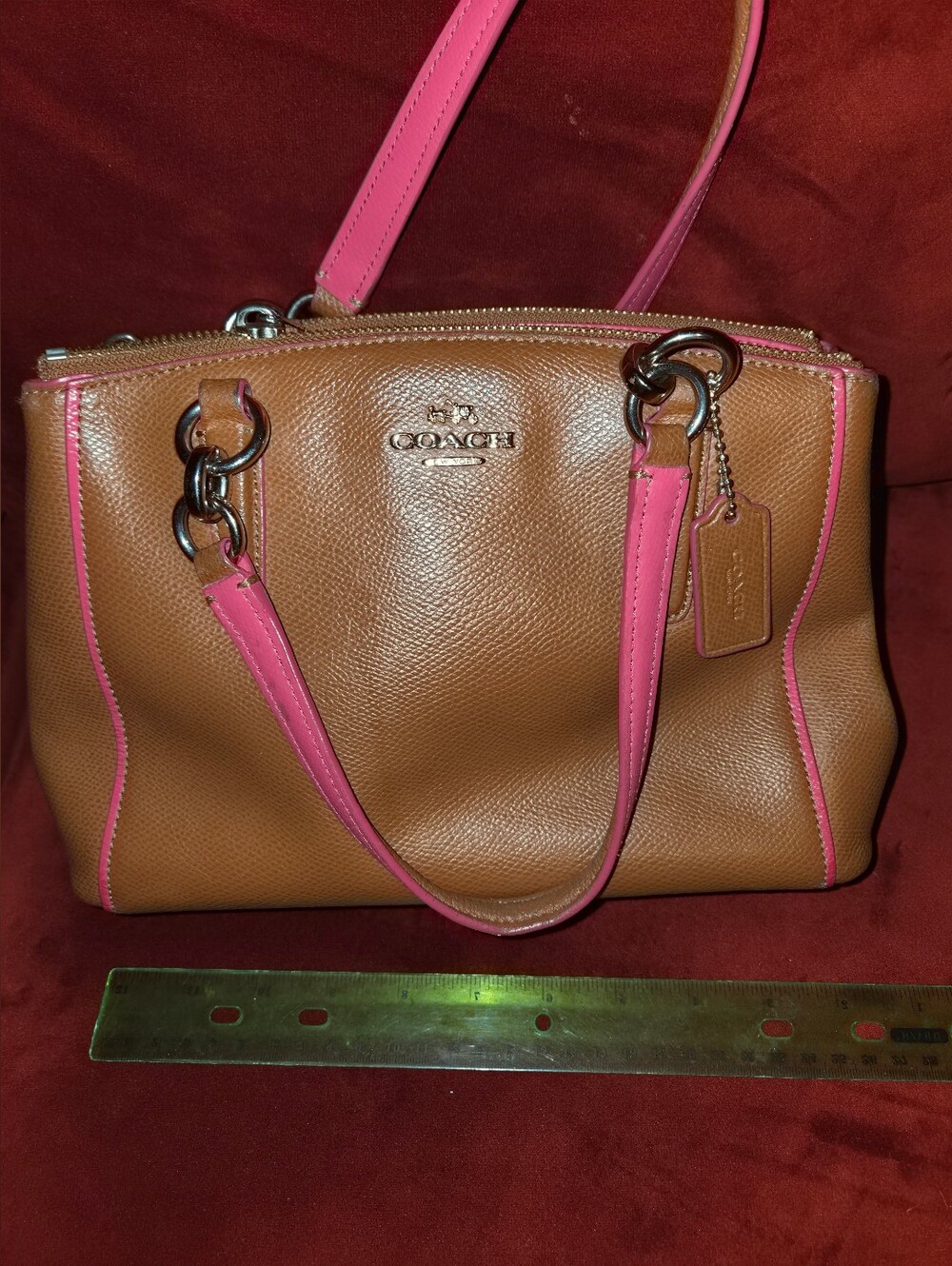 Coach Brown Pebbled Leather Satchel with Pink Trim